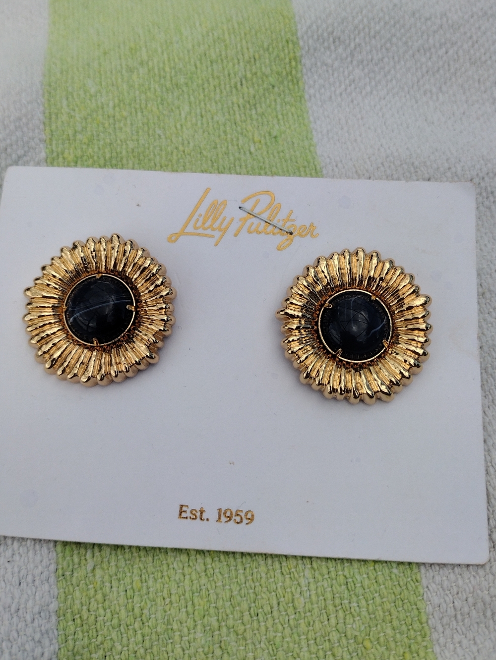 Lilly Pulitzer Gold Sunburst Stud Earrings with Navy Stone Centers
